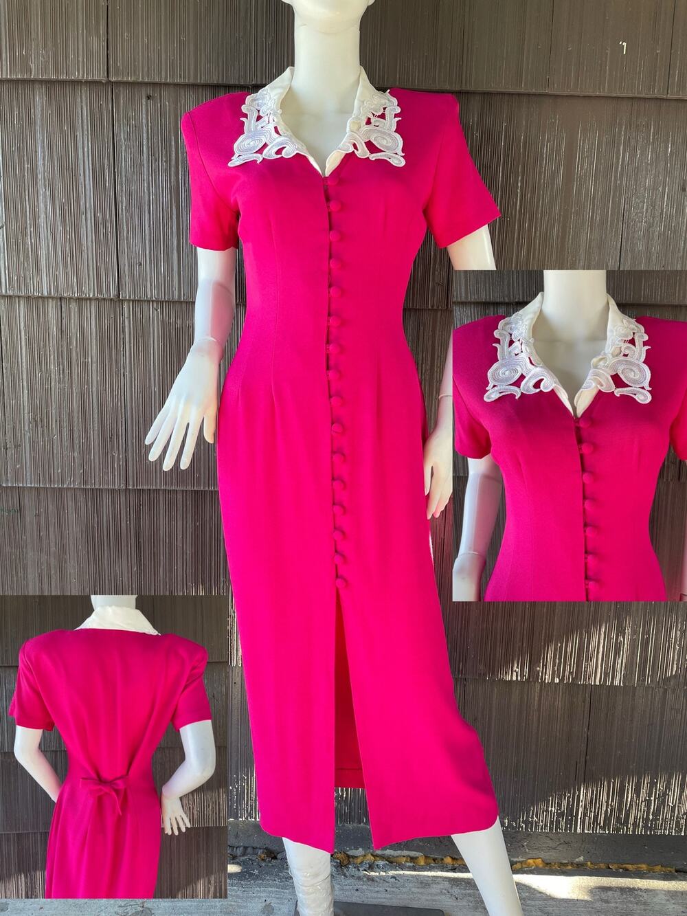 🔥VTG 80s Dawn Joy Fashion Fuchsia Pink Lace Collar Secretary Barbiecore Dress